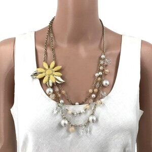Triple Layered Necklace Flower Statement Beaded Fringe Gold Tone Chain Adjustabl